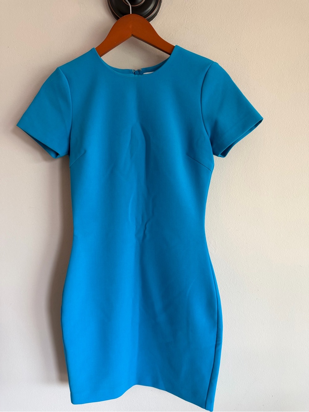 LIKELY Blue Short Sleeve Crew Neck Mini Dress Cerulean Stretch Crepe Cocktail